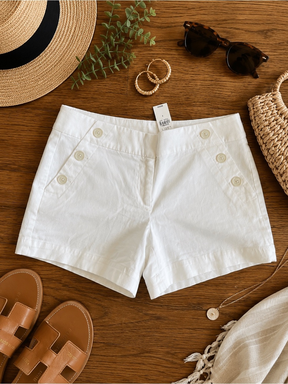 LOFT White Sailor-Button Cotton Blend Shorts